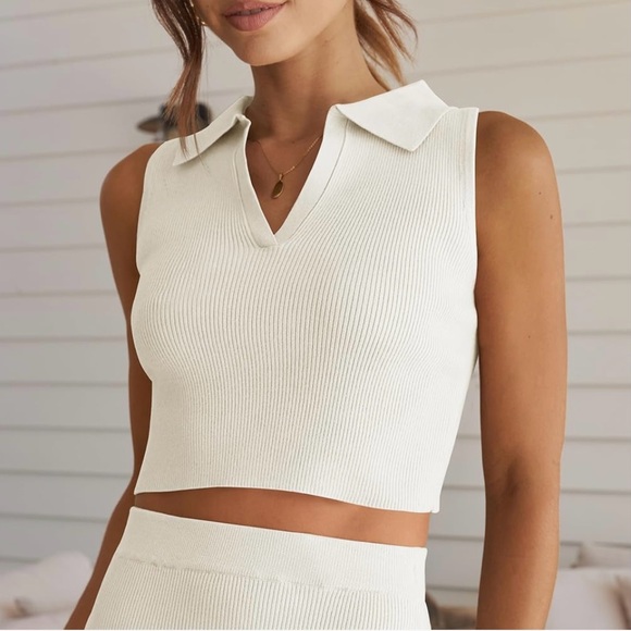 Cream Ribbed Knit Sleeveless Crop Top Bodycon Midi Skirt Set - Picture 8 of 10